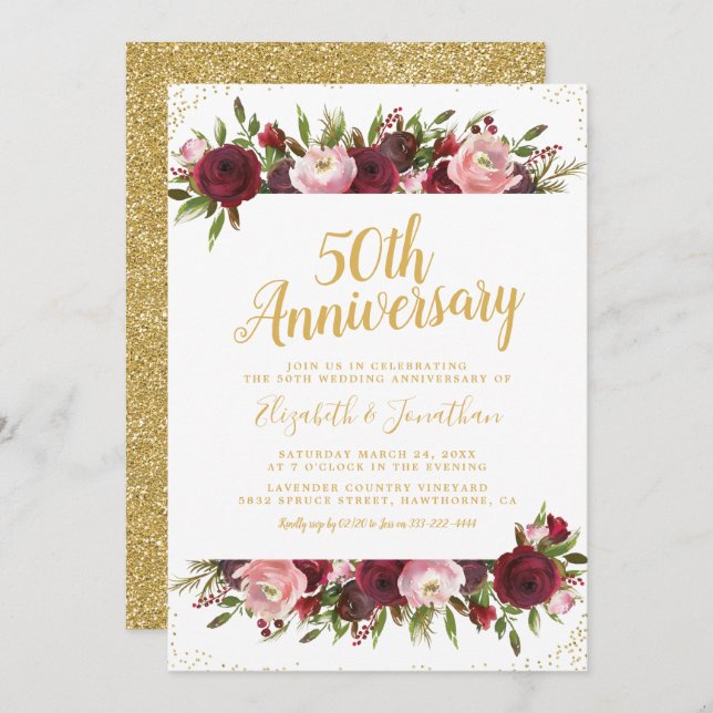 Invitación 50 Aniversario de Boda Borgoña Rubor Dorado (Anverso / Reverso)