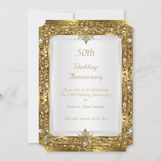 Invitación 50 Aniversario de Boda Brillante Dorado Perla Blan (Anverso)