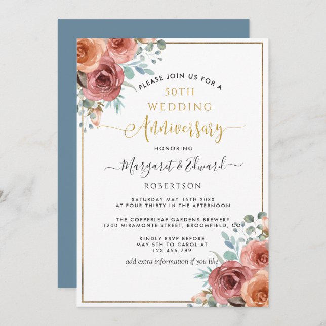 Invitación 50 Aniversario de Boda, Floral Dusty Blue Melocotó (Anverso / Reverso)