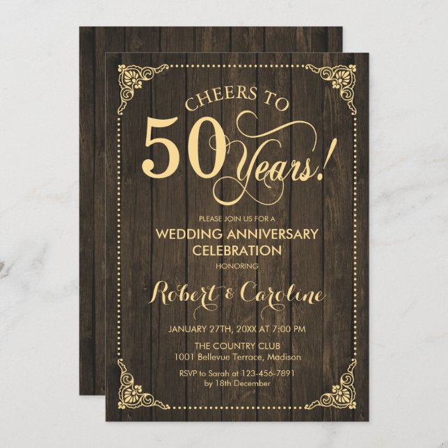 Invitación 50 Aniversario de Boda - Madera Dorada (Anverso / Reverso)