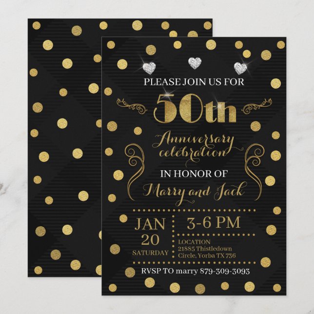 Invitación 50 Aniversario de Boda - Negro y Dorado (Anverso / Reverso)