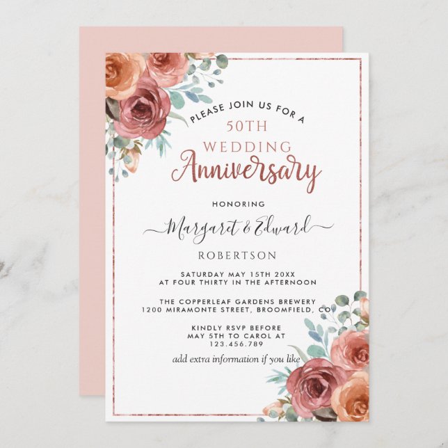 Invitación 50 Aniversario de Boda, Oro Rosa, Floral Menta (Anverso / Reverso)