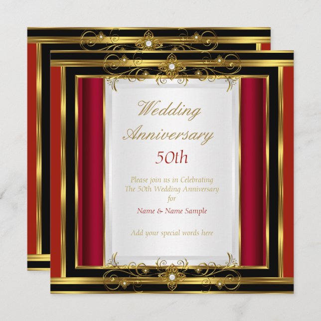 Invitación 50 Aniversario de Boda Rojo Dorado Negro Blanco (Anverso / Reverso)