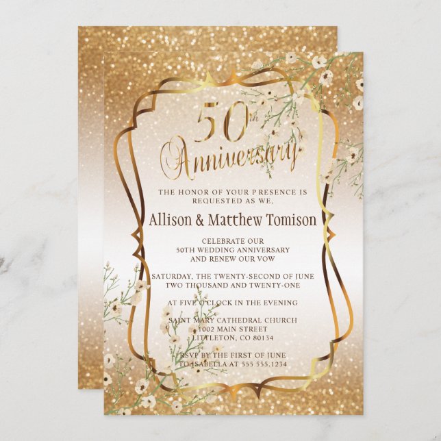 Invitación 50 Aniversario de Bodas con Brillo de Oro | Texto  (Anverso / Reverso)