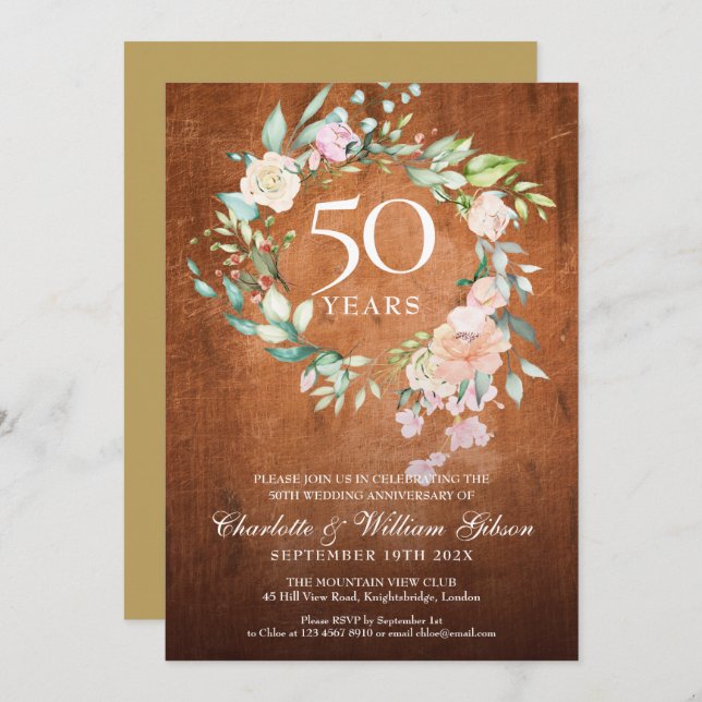 Invitación 50 Aniversario de Bodas de Oro con Madera Rústica  (Anverso / Reverso)