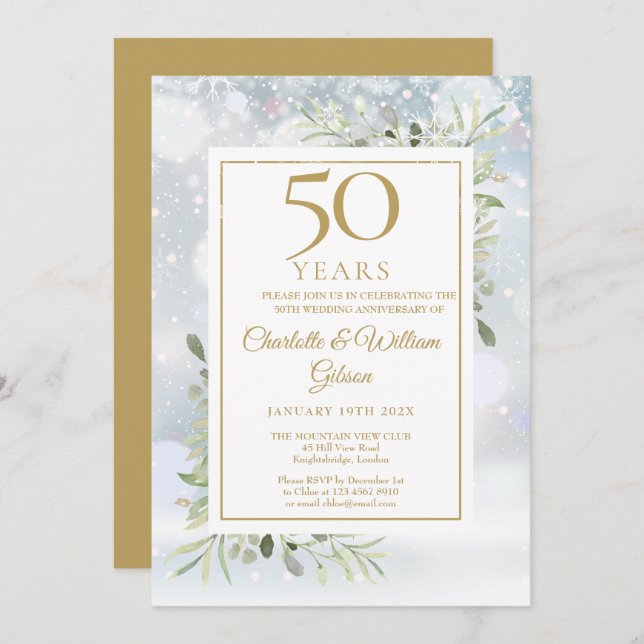 Invitación 50 Aniversario de Bodas de Oro Copos de Nieve Verd (Anverso / Reverso)
