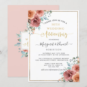 Invitación 50 Aniversario de Bodas, Floral de Melocotón y Men