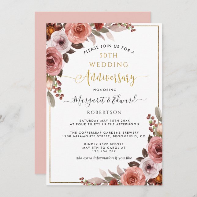 Invitación 50 Aniversario de Bodas, Floral Dorado y Beige (Anverso / Reverso)