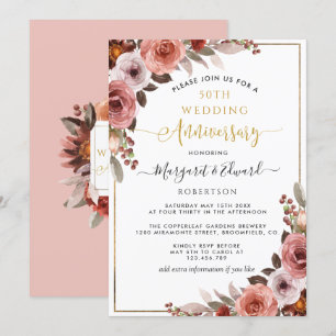 Invitación 50 Aniversario de Bodas, Floral Dorado y Beige Ros