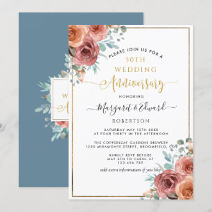 Invitación 50 Aniversario de Bodas, Floral Dusty Blue Melocot