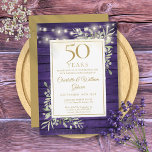 Invitación 50° Aniversario de la cadena ilumina el follaje de<br><div class="desc">Con luces de cuerdas de bonito y delicados jardines de color agua sobre un fondo rústico de madera morada,  esta elegante invitación al aniversario puede ser personalizada con su especial información de celebración de 50 años,  con un fondo dorado al revés. Diseñado por Thisisnotme©</div>