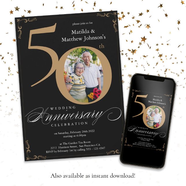 Invitación 50° aniversario de la caligrafía de oro negro (Black Gold Calligraphy 50th Wedding Anniversary Invitation)