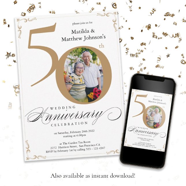 Invitación 50° Aniversario de la caligrafía del oro blanco (White Gold Calligraphy 50th Wedding Anniversary Invitation)