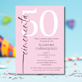 Invitación 50 Aniversario de la Feminina Rosa Minimalista Esp