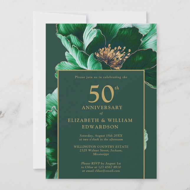 Invitación 50 Aniversario de la floral de oro verde esmeralda (Anverso)