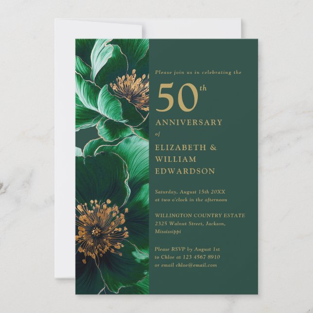 Invitación 50 Aniversario de la Floral Verde Esmeralda y Oro (Anverso)