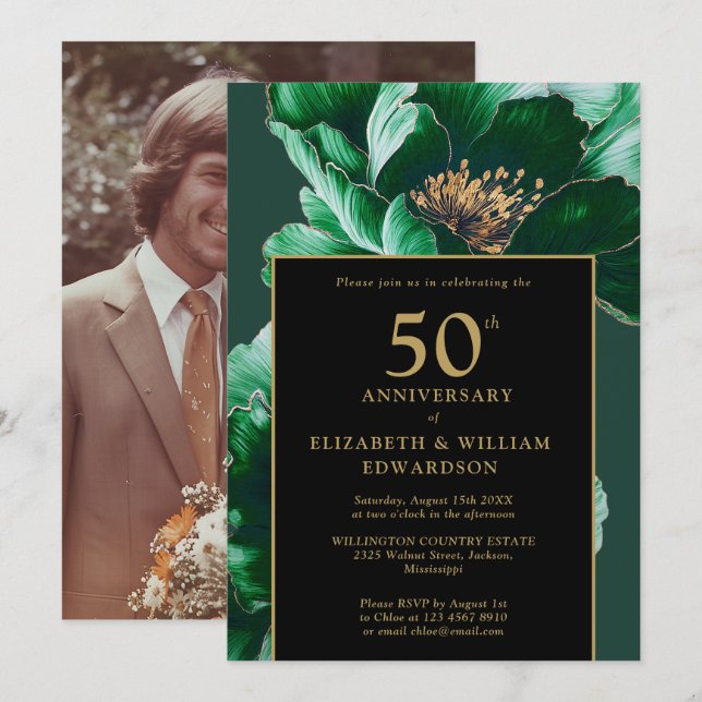 Invitación 50 Aniversario de la Floral Verde Negra Y Oro (Anverso / Reverso)