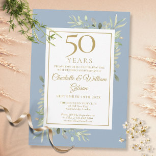 Invitación 50° Aniversario de Oro Dusty Blue Greenery Leaves
