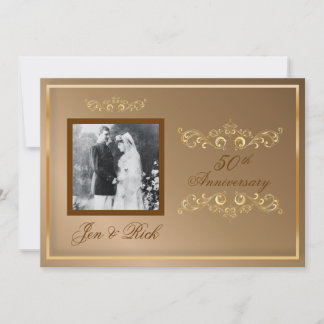 Invitación 50°, Aniversario de Oro, Foto de Gold Swirls