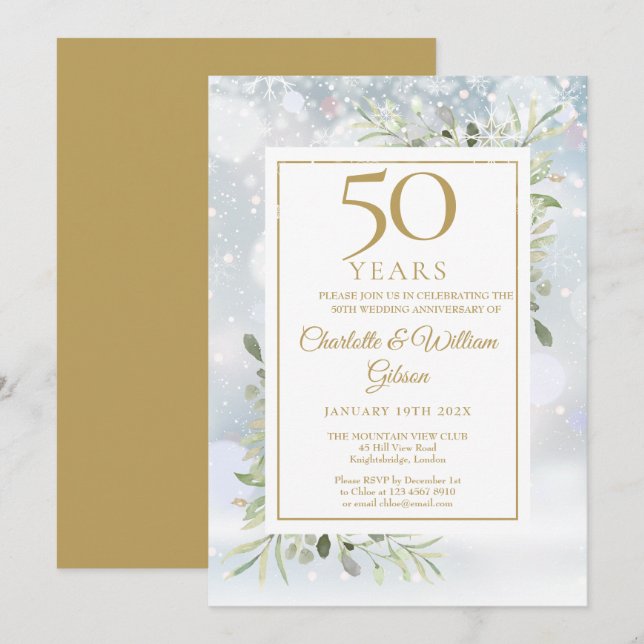 Invitación 50° Aniversario de Oro Invierno Copos de Nieve Ver (Anverso / Reverso)