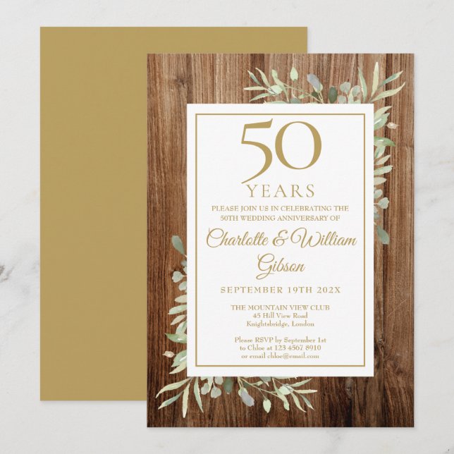 Invitación 50° Aniversario de Oro Rústicas hojas de vegetació (Anverso / Reverso)