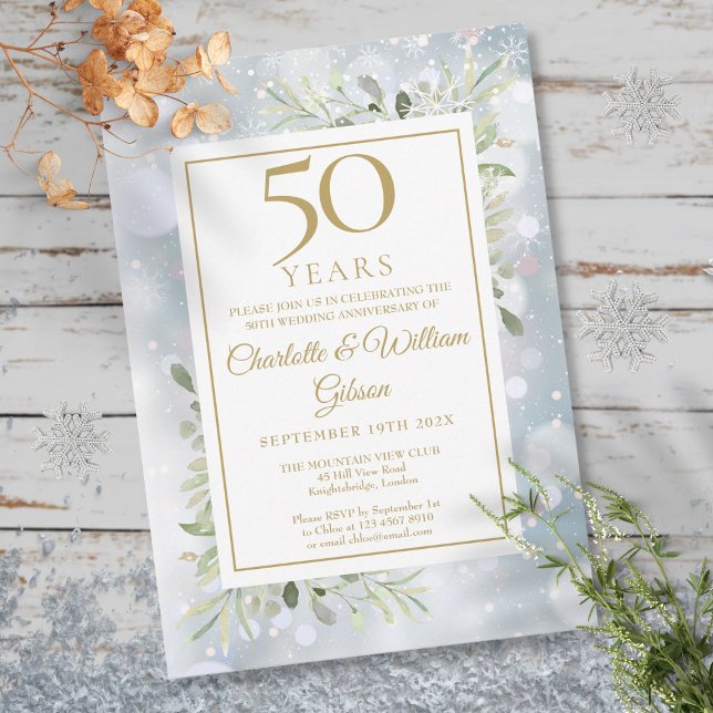 Invitación 50° Aniversario de Oro Saltos de Verdor con Flauta (50th Gold Anniversary Snowflakes Greenery Leaves Invitation)