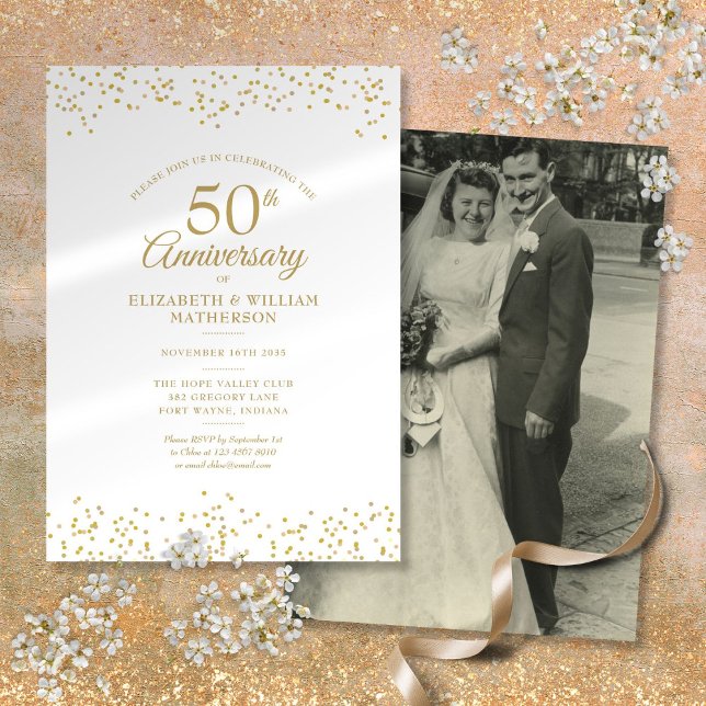 Invitación 50° aniversario de tu Boda foto polvo de oro (50th Anniversary Your Wedding Photo Gold Dust Invitation)