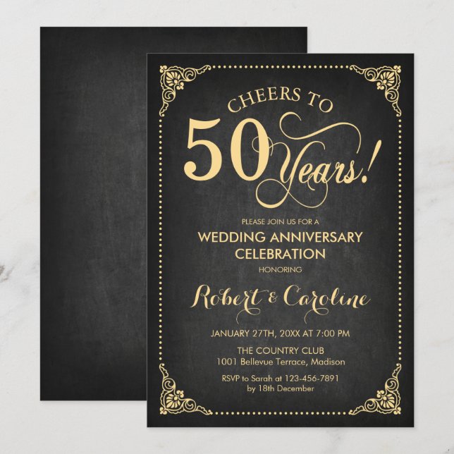 Invitación 50° Aniversario del Boda - Chalkboard Gold (Anverso / Reverso)