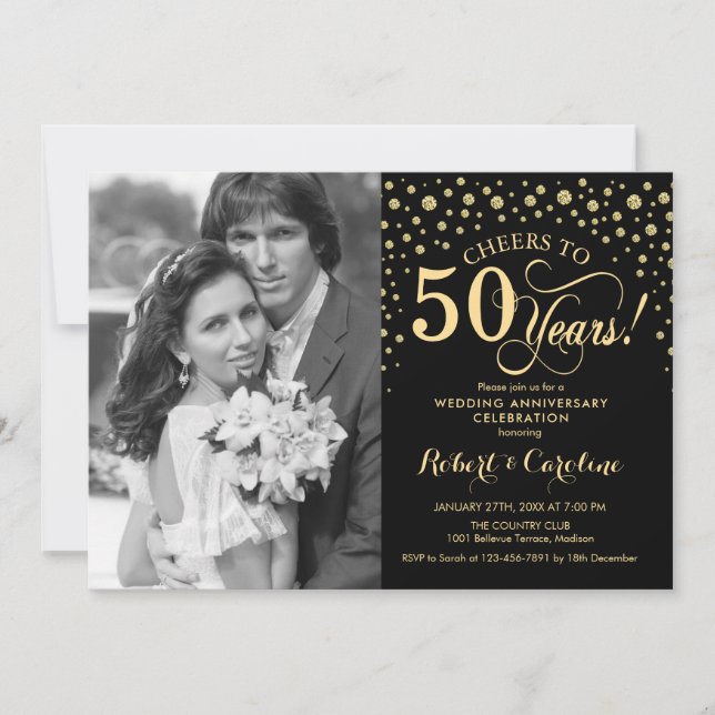 Invitación 50° Aniversario del Boda con foto - Negro de oro (Anverso)