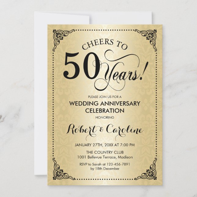 Invitación 50° Aniversario del Boda - Damasco negro de oro (Anverso)