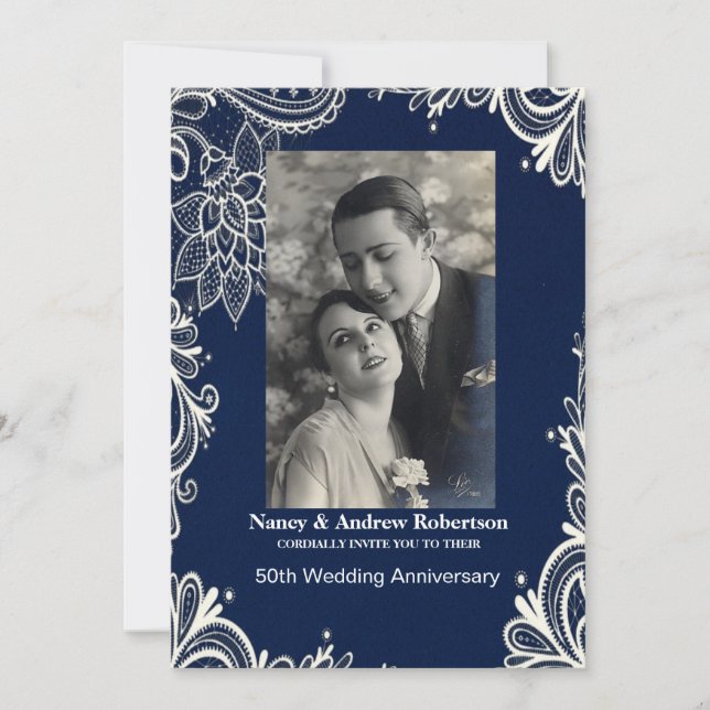 Invitación 50° aniversario del boda de azul encaje blanco (Anverso)