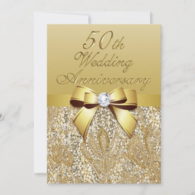 Invitación 50° Aniversario del Boda de Oro Faux Bow Sequins (Anverso)