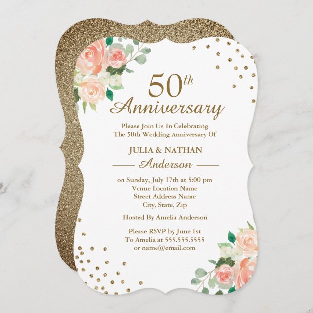Invitación 50° Aniversario del Boda de Peach Floral Confetti (Anverso / Reverso)