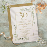 Invitación 50° Aniversario del Boda Dorado de Lujo Verde<br><div class="desc">Con una delicada vegetación de color acuático,  esta invitación para el aniversario de la moda puede ser personalizada con su especial información de celebración de 50 años en una tarjeta de champán shimmer,  con un fondo dorado al revés. Diseñado por Thisisnotme©</div>