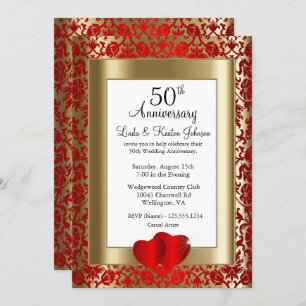 Invitación 50° Aniversario del Boda Dorado y Rojo  Texto DIY