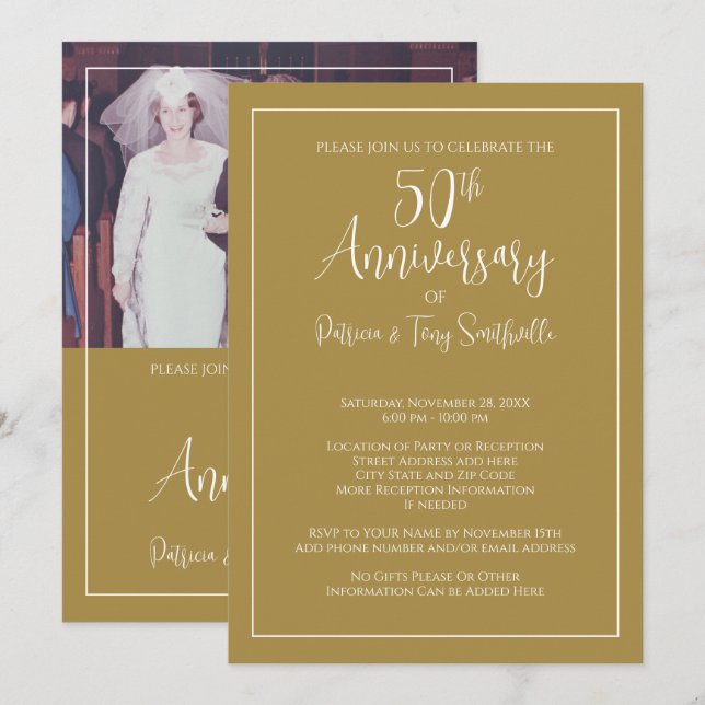 Invitación 50° Aniversario del Boda - Foto horizontal - oro (Anverso / Reverso)