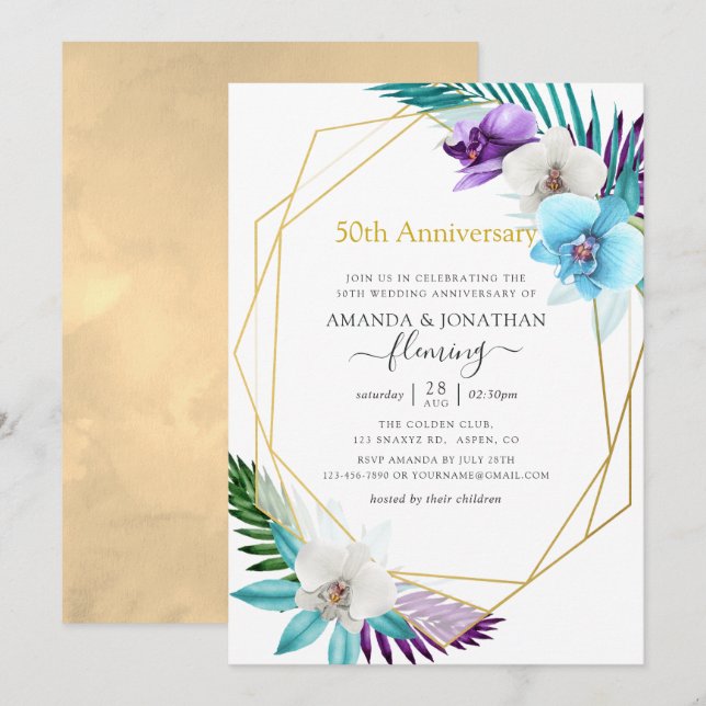 Invitación 50 Aniversario del Boda Geométrico Tropical (Anverso / Reverso)