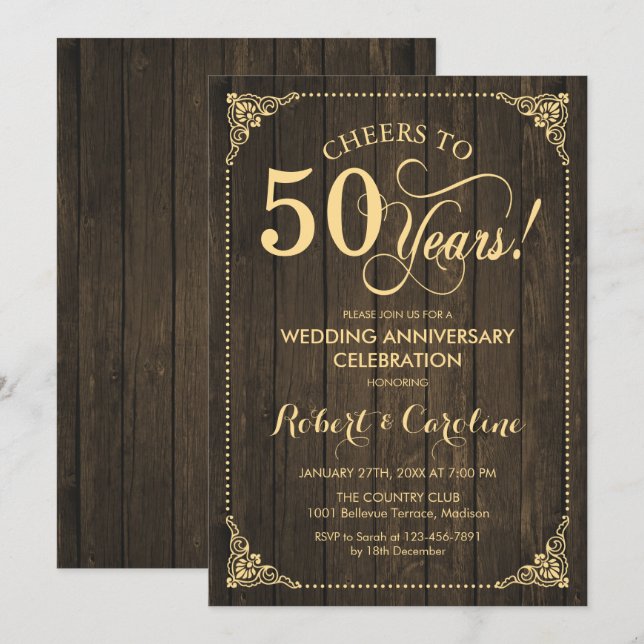 Invitación 50° Aniversario del Boda - Madera de oro (Anverso / Reverso)