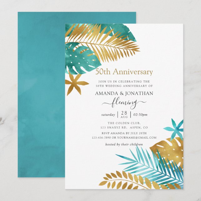 Invitación 50° Aniversario del Boda verde azulado y tropical  (Anverso / Reverso)