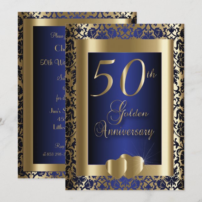 Invitación 50° Aniversario del Oro y el Boda Azul | DIY Texto (Anverso / Reverso)