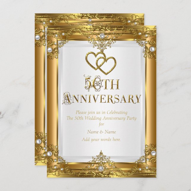 Invitación 50° Aniversario Elegante Oro Perla Blanca Oro (Anverso / Reverso)