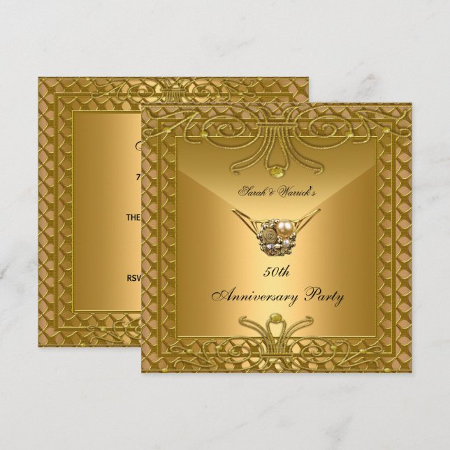 Invitación 50° Aniversario Fiesta Elegante Oro Art Deco (Anverso / Reverso)
