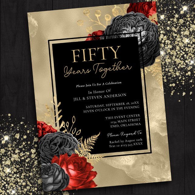 Invitación 50° Aniversario Floral de Oro Negro Rojo (Subido por el creador)