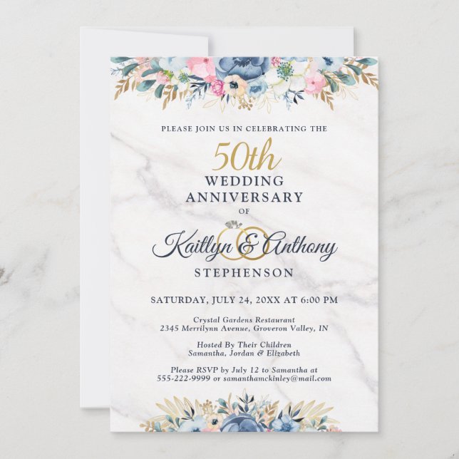 Invitación 50 Aniversario Floral Elegante Azul Marino Dorado (Anverso)