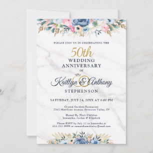 Invitación 50 Aniversario Floral Elegante Azul Marino Dorado