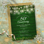 Invitación 50 Aniversario Gold Hearts String Lights Wood<br><div class="desc">Con luces de cuerdas de bonito y delicados corazones de amor dorados sobre un fondo rústico de madera esmeralda verde. Personalice con su especial información de 50 años de boda dorado en letras de oro de moda. Diseñado por Thisisnotme©</div>