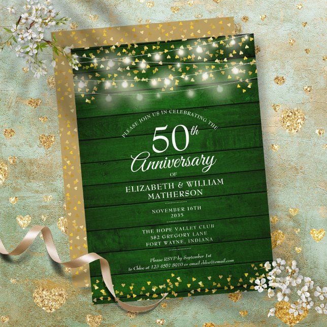 Invitación 50 Aniversario Gold Hearts String Lights Wood (50th Anniversary Gold Hearts String Lights Wood Invitation)