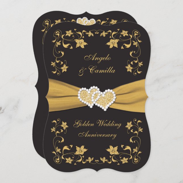 Invitación 50 Aniversario Joined Hearts Invite, Black Gold (Anverso / Reverso)