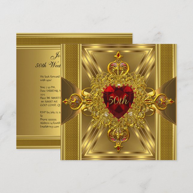 Invitación 50° aniversario Ornate Red Jeweld Heart Gold (Anverso / Reverso)