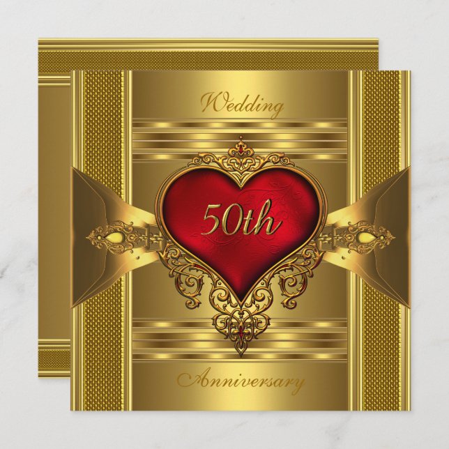 Invitación 50 Aniversario Ornate Red Jeweld Heart Gold 2 (Anverso / Reverso)